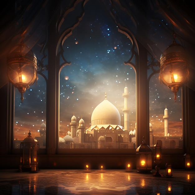 Cartão de saudação do Ramadan Kareem com mesquita ao fundo renderização 3D