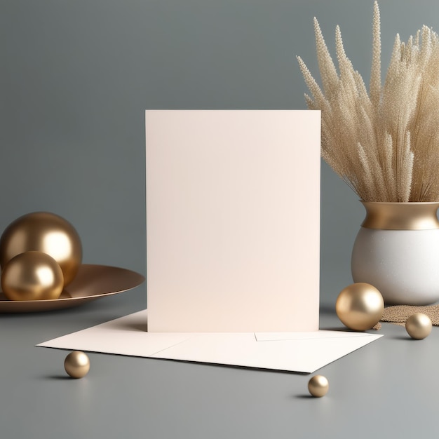 cartão de saudação dourado em branco com bolas douradas fita dourada e presente em fundo branco 3D re