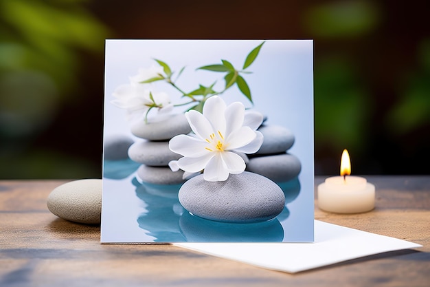 Foto cartão de saudação ou convite zen ou spa com composição cativante, tranquilidade e paz