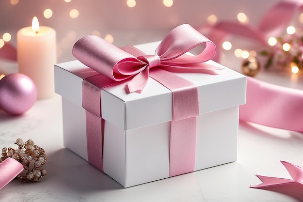 Cartão de saudação para Natal, Ano Novo ou casamento Caixa de presente branca ou presente com fita rosa contra bokeh mágico