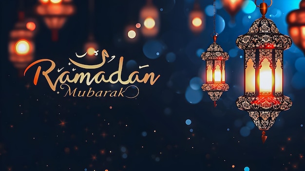 Cartão de saudação para o Ramadã com lanternas