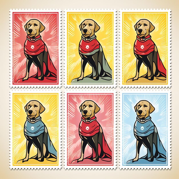 Cartão de selo Fotografia de um cão Labrador Retriever com terno de super-herói Coleção Posi Tatuagem plana 2D