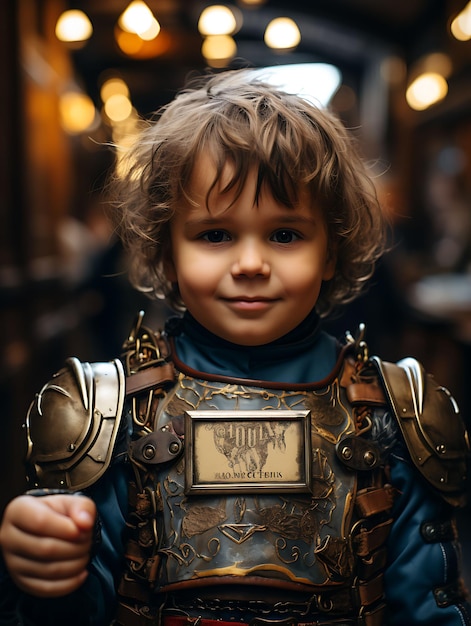 Cartão de visita de um garoto medieval vestido como um cavaleiro Holdi com design criativo de sessão de fotos