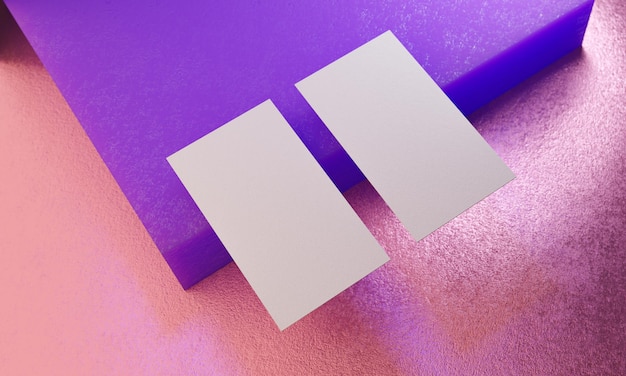 Cartão de visita duplo acima do cubo colorido com renderização em 3d de superfície de cor metálica