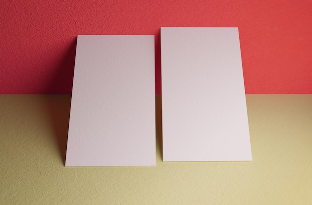 Foto cartão de visita duplo encostado no modelo de maquete de parede renderização em 3d