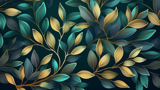 Cartão decorativo de folhas verdes e douradas post Generative AI