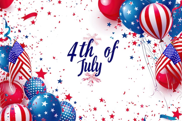 Cartão do Dia da Independência dos Estados Unidos com bandeiras de texto do 4 de julho e balões no espaço de fundo para o texto