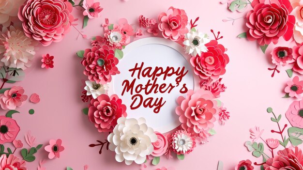 Cartão do Dia das Mães em cores rosa e branca com motivos florais como presente