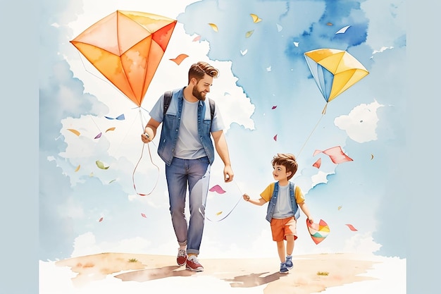 Cartão do Dia dos Pais com uma linda ilustração de aquarela de pai com filho voando uma pipa e andando juntos tipografia moderna desejos de feriado modelos do Dia dos Pais para capa de cartaz banner mídia social