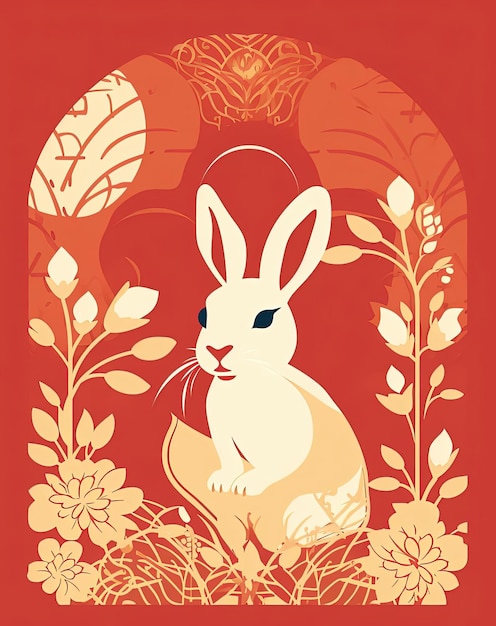 cartão do zodíaco chinês com coelho em um fundo vermelho