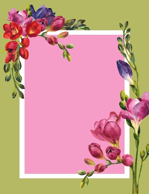 Cartão em aquarela com flores Ramo de frésia e flor sobre fundo verde-oliva