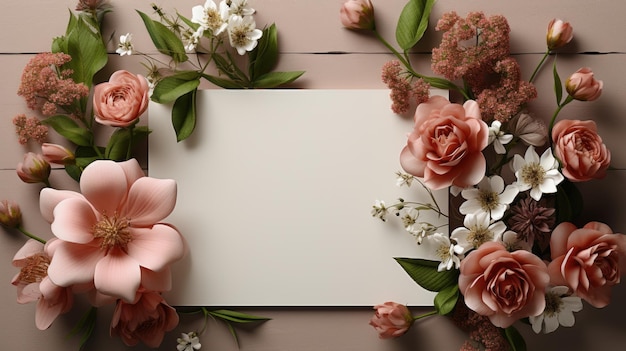 Cartão em branco com vista superior do fundo de flores
