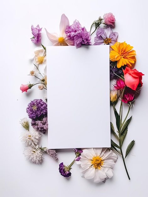 Cartão em branco de vista superior vertical com flores Flores orgânicas abstratas Florescendo floral em fundo branco para cartão de convite