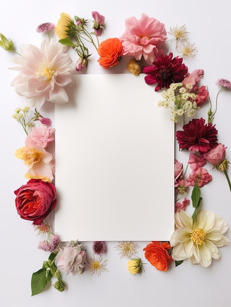 Cartão em branco de vista superior vertical com flores Flores orgânicas abstratas Florescendo floral em fundo branco para cartão de convite