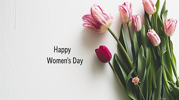Cartão festivo do Dia das Mulheres com tulipas e mensagem feliz do dia das mulheres em pano de fundo branco