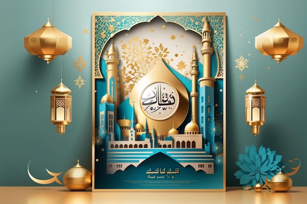 Cartão islâmico com elegante caligrafia árabe e decorações ornamentadas em ouro