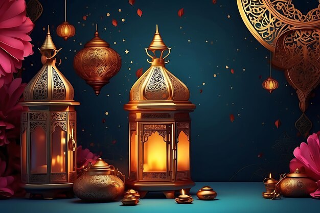 Cartão islâmico decorativo de Ramadan Kareem com fundo de lua crescente