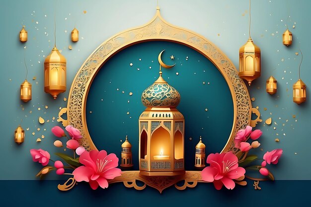 Cartão islâmico decorativo de Ramadan Kareem com fundo de lua crescente