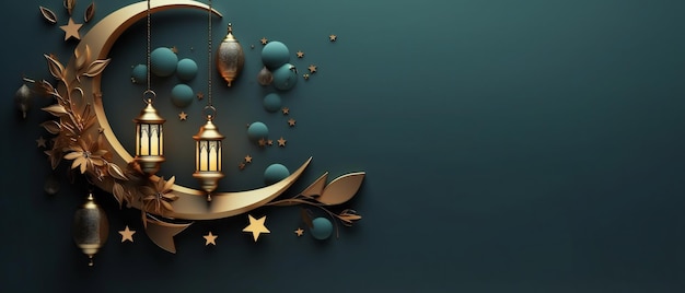 cartão islâmico do Ramadã com decoração de lua crescente e lanternas com espaço de cópia