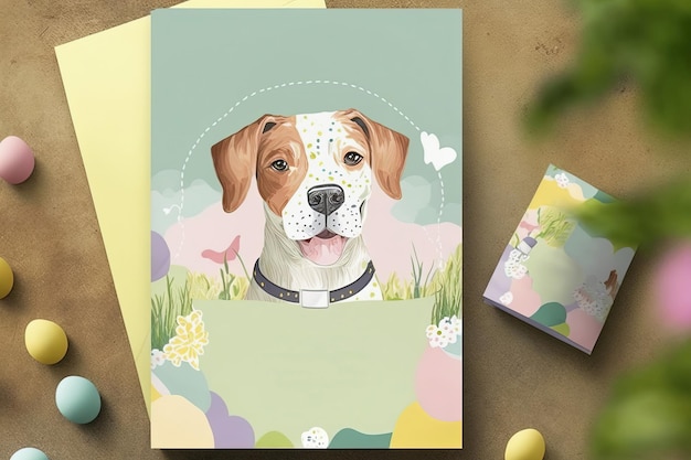 Cartão para cachorro piquenique de caça aos ovos de Páscoa Generative AI