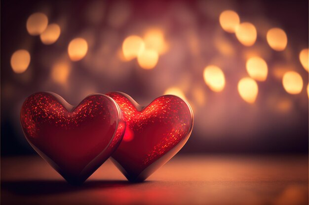 Cartão para o dia de São Valentim com dois corações vermelhos em um fundo de bokeh.