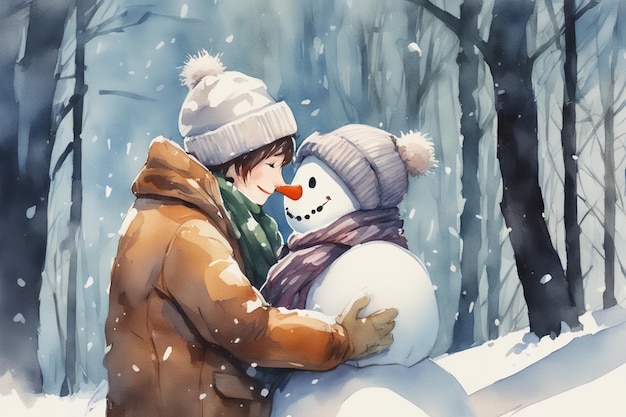 Cartão postal aquarelado com casal feliz homem e mulher bonecos de neve abraçados usando lenço e chapéu floresta de neve