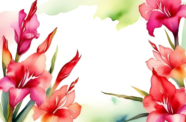 cartão postal aquarelado com um buquê de flores de gladioli com um espaço vazio para o texto