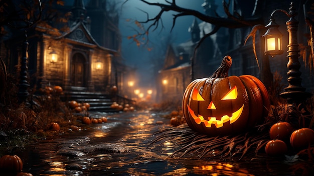 Cartão postal assustador de Halloween com luz fraca noite de lua cheia IA generativa