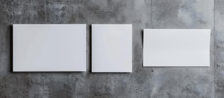 Foto cartão-postal branco em branco e panfleto em fundo cinzento