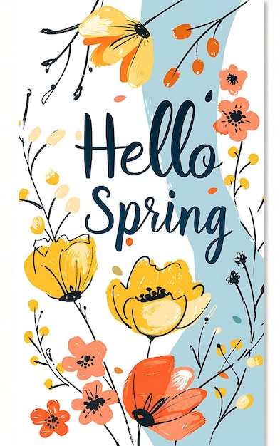 Cartão postal com tema de primavera com flores em flor Fronteira Ilustração de olá Cartão postal vintage decorativo
