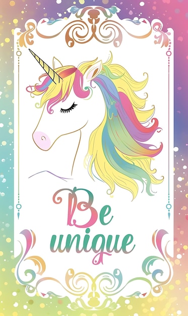 Foto cartão postal com tema de unicórnio com borda colorida de arco-íris e ilustração em t cartão postal vintage decorativo