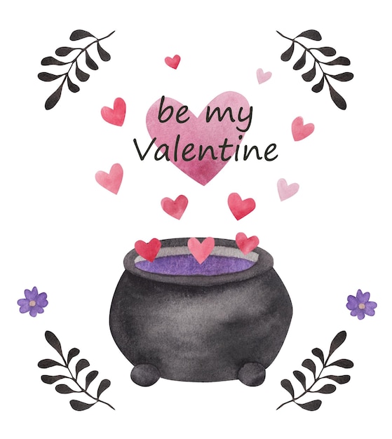 Cartão postal com um caldeirão no qual uma poção do amor é preparada Ilustração em aquarela Modelo para cartões cartazes de papel para o Dia dos Namorados