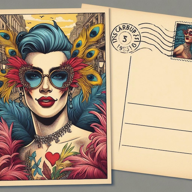 cartão postal com um desenho de uma mulher extravagante em estilo pin up
