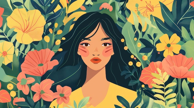 Foto cartão postal de bandeira plana para o dia internacional da mulher dia da primavera dia do feminismo ícone de retrato avatar mulher bonita entre plantas e flores
