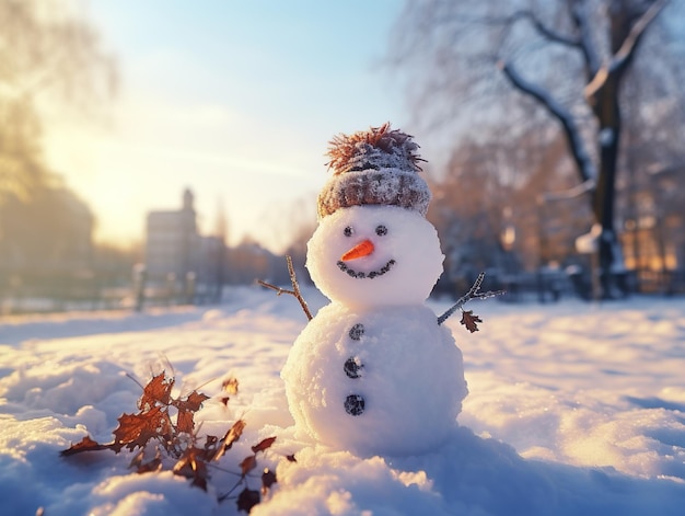 Cartão postal de inverno com boneco de neve fofo