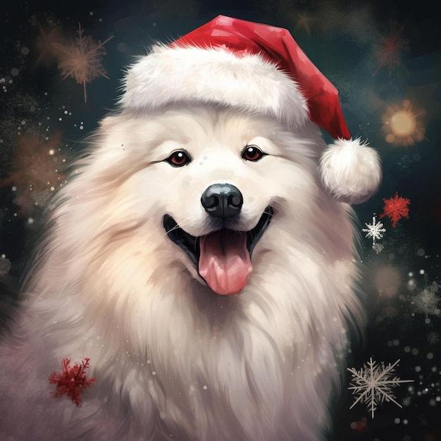 Cartão postal de Natal Cão Samoyed com chapéu de Papai Noel