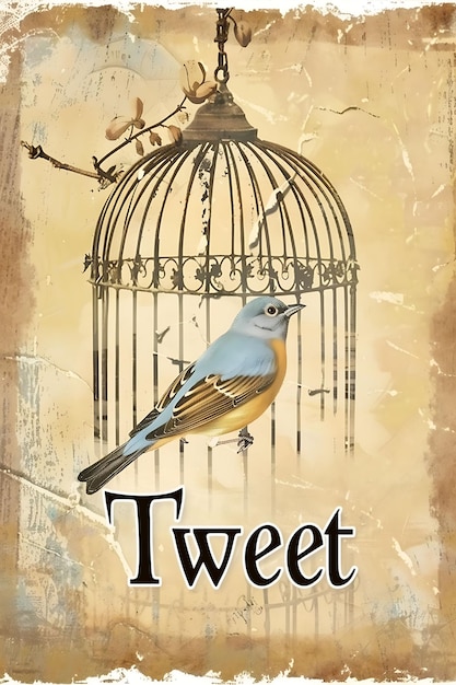 Cartão postal de pássaro vintage com borda de gaiola de pássara e texto Tweet Ilustração Cartão postal vintage decorativo