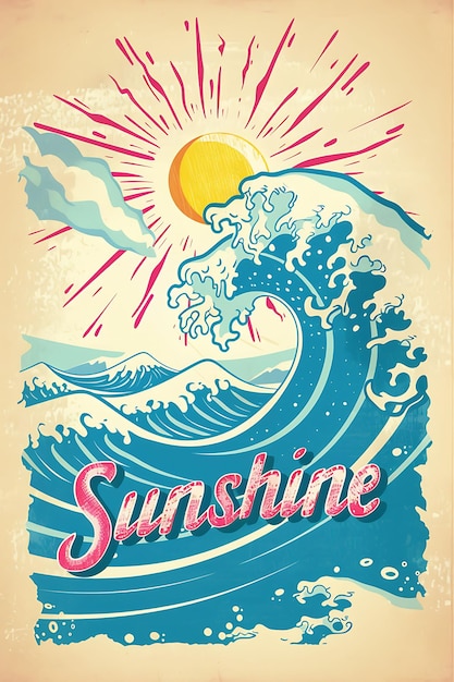 Cartão postal de praia retrô com uma borda de onda Sunshine em Playf Ilustração Cartão postal vintage decorativo