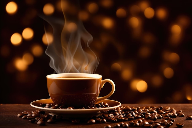cartão postal mágico com foto Uma xícara de café marrom sobre a mesa e grãos de café Luzes de Natal
