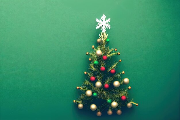 Cartão postal na cor verde em forma de árvore de Natal decorada como fundo de Natal
