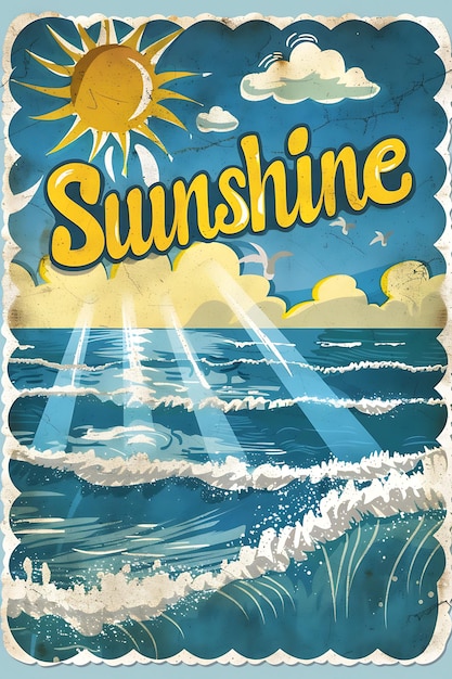 Cartão postal nostálgico de praia com bordas esculpidas Ilustração de sol Cartão postal vintage decorativo