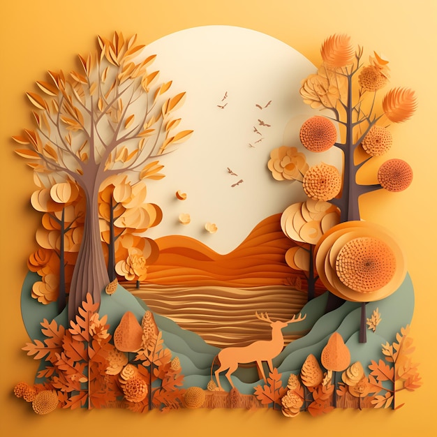 cartão postal paisagem de outono com árvores montanhas recortadas em papel em cores quentes de outono IA generativa