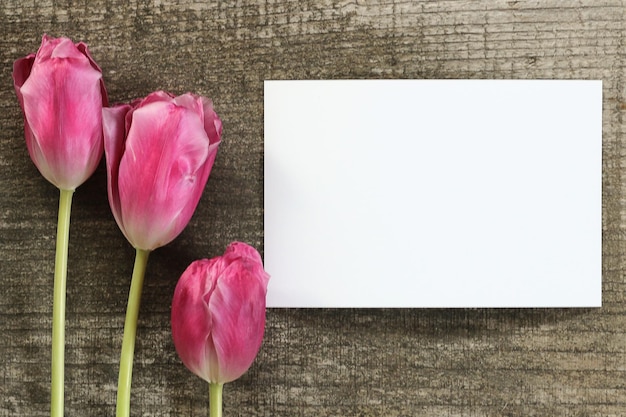 Cartão postal para o dia da mulher, 8 de março, com fundo de madeira de tulipas