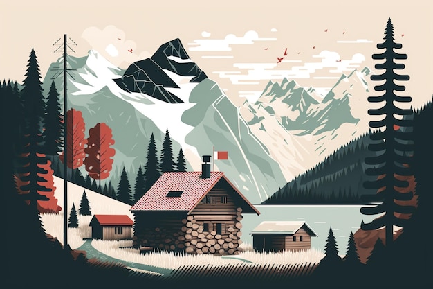 Cartão postal requintado da Suíça com paisagens deslumbrantes Os tons pastéis suaves e o design plano simples são gerados por IA