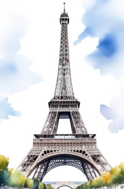 Foto cartão postal vertical a aquarela com a torre eiffel, famosa vista de paris, capital da frança, em viagem