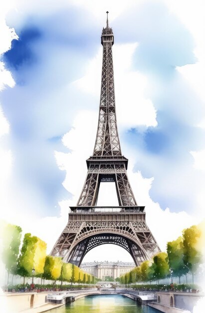 Foto cartão postal vertical de aquarela da torre eiffel com a famosa vista de paris, capital da frança, viajando