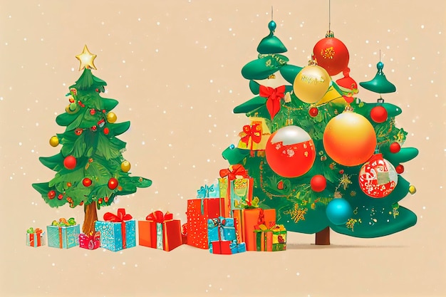 Cartão postal vintage de Feliz Natal com uma árvore de Natal apresenta caixas de presente, brinquedos e decorações