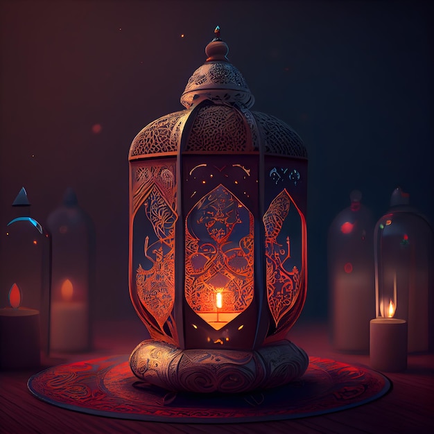 Cartão Ramadan Kareem com lanternas islâmicas e velas acesas