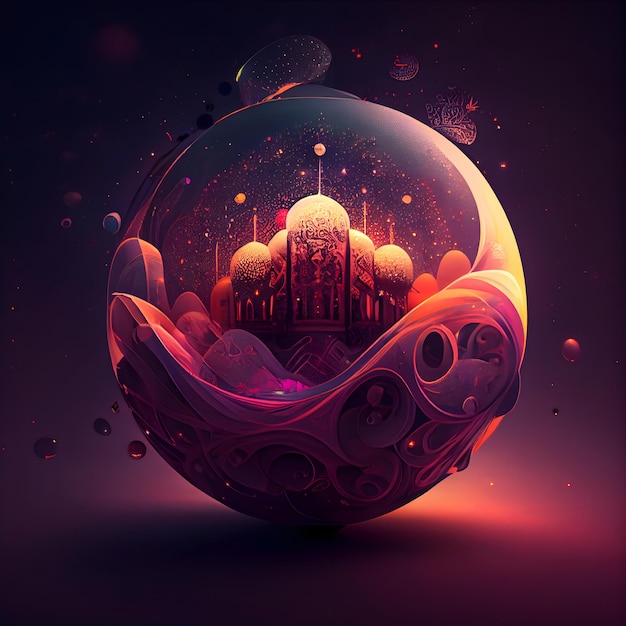 Cartão Ramadan Kareem com mesquita em ilustração de bola de cristal