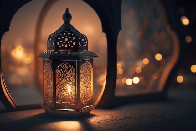 Cartão Ramadan Kareem de lanterna árabe ornamental com vela acesa